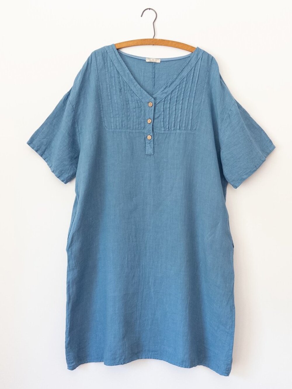 Made in Italy Linen Lagenlook Dress Blue Boho Tunic Pintuck V-Neck Short Sleeve